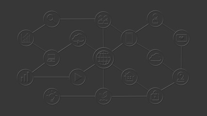 線で繋がるアイコン　平面（パソコン・スマートフォン・人間・エコ等）