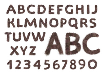 Latin alphabet letters and numbers made from brown fur