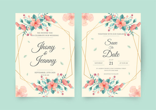 Elegant floral watercolor wedding invitation and menu template collection. Watercolor flower invitation card template. 