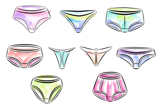 Female underpants in outline style with watercolor brush strokes isolated on white background. Woman pants different types for product labelling, marking, price tag design. Vector illustration. Set.