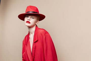 woman red lips fashion jacket cosmetics studio model unaltered