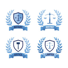 Set of justice labels. SIgns with scales, hammer and text. Logo or icons template for lawyer, notary. Design isolated on white background.