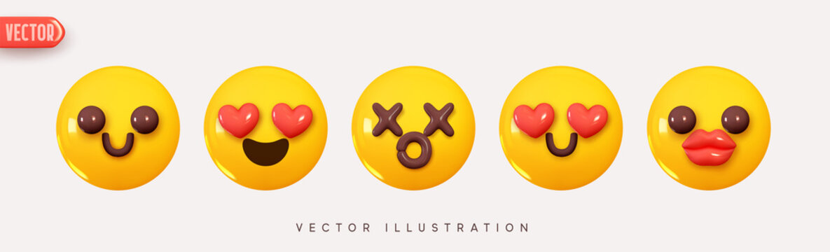 Set Icon Smile Emoji. Realistic Yellow Glossy 3d Emotions Happy face, love eyes from hearts. Vector illustration