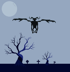 Fototapeta na wymiar retro poster of demon flying over graveyard