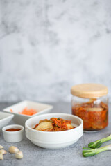 Homemade kimchi and vegetable ingredients.