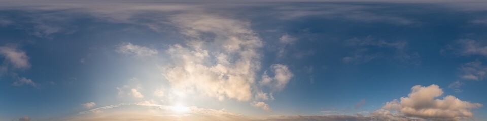 Blue sky panorama with Cirrus clouds in Seamless spherical equirectangular format. Full zenith for use in 3D graphics, game and editing aerial drone 360 degree panoramas for sky replacement.
