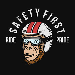 illustration of a chimpanzee wearing a helmet and riding glasses in vintage style