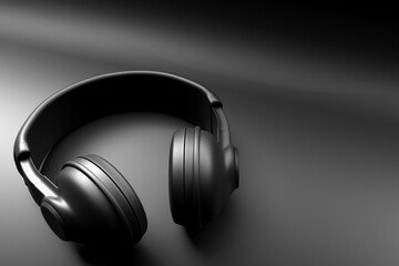 Fototapeta na wymiar 3d illustration of black retro headphones on black isolated background on white lights. Headphone icon illustration