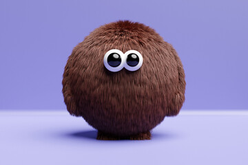 3D illustration of a funny furry brown monster with eyes on a purple isolated background. Funny emoticon monster for child's design © Виталий Сова