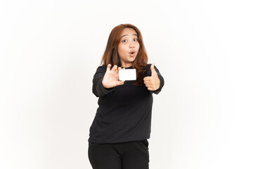 Holding and Showing Blank Credit or Bank Card Of Beautiful Asian Woman Wearing Black Shirt