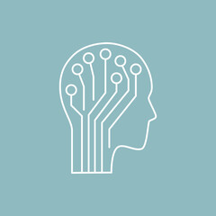 Artificial intelligence and machine learning line icon. Head and cpu. Simple thin outline pictogram. AI concept. Innovative robotic technology element. Cpu,cloud. Editable stroke vector illustration