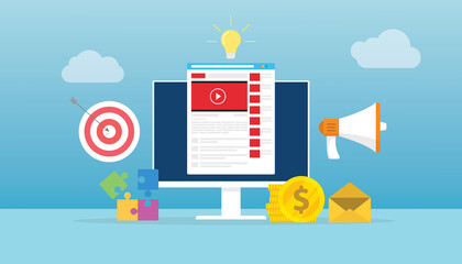 video marketing concept with goals and target and budget and idea with modern flat style