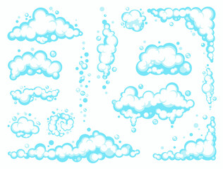 Cartoon soap foam set with bubbles. Light blue suds of bath, shampoo, shaving, mousse. Vector illustration. EPS 10 - obrazy, fototapety, plakaty