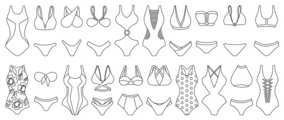 Fototapeta premium Swimsuit vector outline set icon. Vector illustration swimwear on white background. Isolated outline set icon swimsuit .