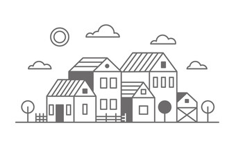 Suburban neighborhood landscape. Silhouette of houses on the skyline. Countryside cottage homes. Outline vector illustration.