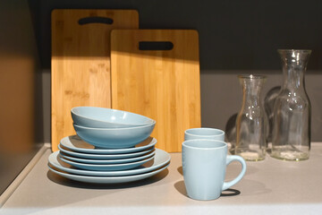 Kitchen. Plates, glasses and board