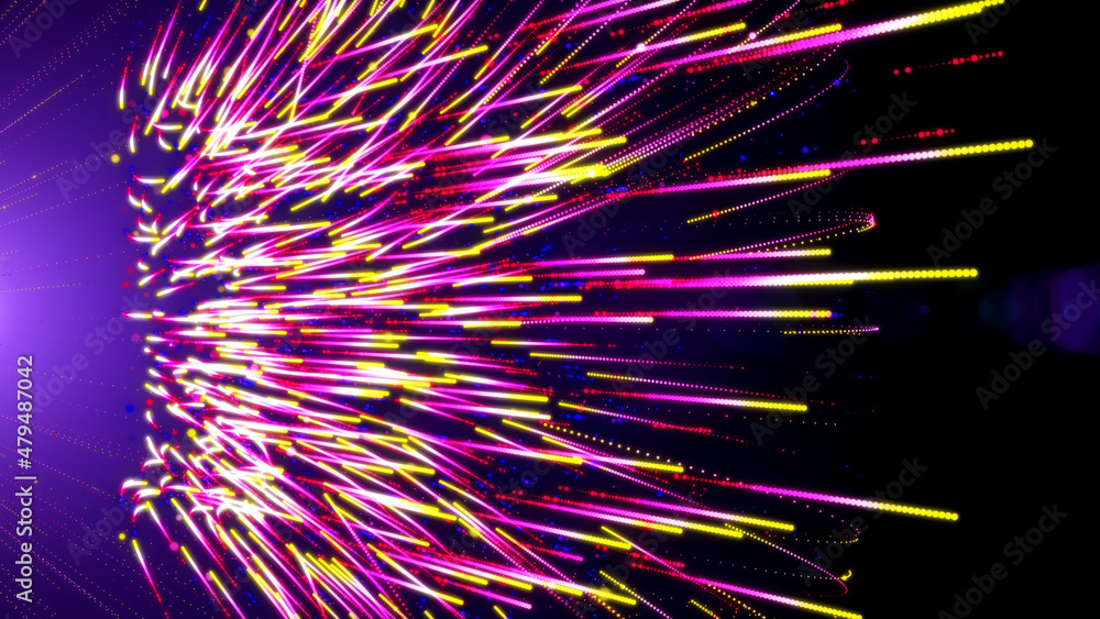 Poster abstract yellow red violet swirl light dotted lines digital data flow information highway light flar