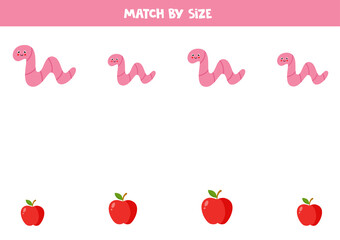 Matching game for preschool kids. Match worm and apples by size.