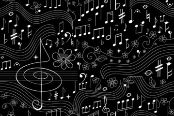 Musical vector seamless background with handwritten treble clefs and other notes and musical symbols
