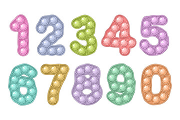 Numbers from 1 to 9 and 0 pop it. Popit numbers set in style of trendy silicon fidget colorful toys. Bubble sensory shape. Isolated cartoon vector illustration. - obrazy, fototapety, plakaty