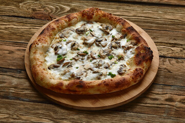 Delicious homemade pizza with mozzarella, mushrooms, beef and chicken. Wooden background, selective focus.