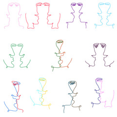 Set of continuous linear silhouettes of kissing people, lovers. Kissing couples straight and lgbt community. Vector illustration in minimalism style