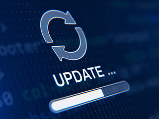 Two arrows icon - update symbol and update progress bar on lcd screen. 3d rendering