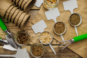 Top view of seeds and garden tools on a wooden background. Growing seedlings using peat cups.