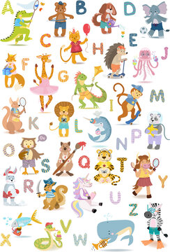 Alphabet poster for kids. Educational preschool learning ABC with animal and cartoon vector illustration set.