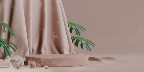 Podium with fabric and Monstera leaf background for product presentation. Natural beauty pedestal, relaxation and health, 3d illustration