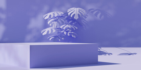 Podium with Monstera leaf background for product presentation. Natural beauty pedestal, relaxation and health, 3d illustration