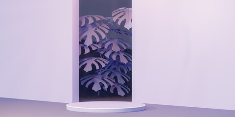 Podium with Monstera leaf background for product presentation. Natural beauty pedestal, relaxation and health, 3d illustration