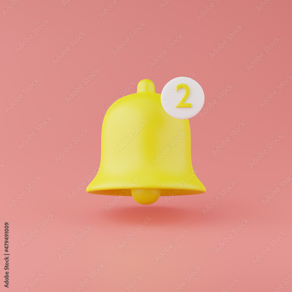 Poster 3d render of minimal notification bell on pastel background.