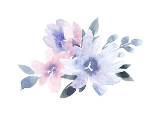 Obraz na płótnie Canvas Beautiful image with gentle watercolor hand drawn purple flowers bouquet. Stock illustration.