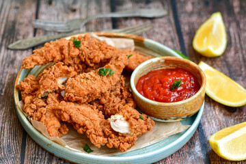 
 Crispy  deep fried   chicken strips and wedges potato. Breaded  with cornflakes chicken  breast fillets  with chilly peppers and fresh   basil on wooden rustic background