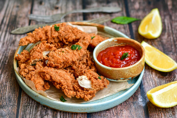 
 Crispy  deep fried   chicken strips and wedges potato. Breaded  with cornflakes chicken  breast fillets  with chilly peppers and fresh   basil on wooden rustic background