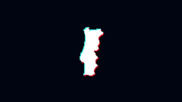 pixel portugal glitch map animated. isolated on black background.digital glitch effect. 4K video. cool effect.
