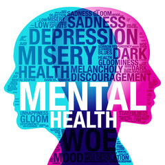 A male and female back-to-back side outlined silhouette overlaid with various sized translucent words related to the serious topic of MENTAL HEALTH.