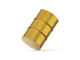 Metallic oil barrel mockup, gold metal oil drum on isolated white background, 3d render illustratio