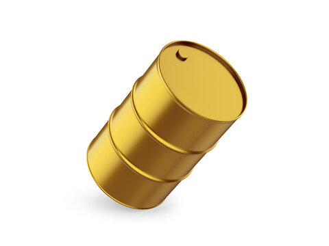 Metallic oil barrel mockup, gold metal oil drum on isolated white background, 3d render illustratio