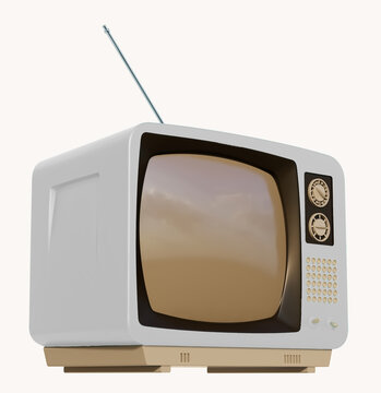Television vieja vintage  analogica blanca vista frontal aislado en fondo blanco con antena  imagen 3d 