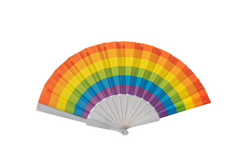 Hand fan painted in the colours of the gay pride flag on a white background