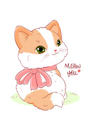 Cute Valentine card in kawaii style. Lovely cat with pink bow and heart