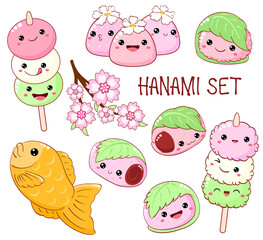 Set of cute hanami season desserts icons in kawaii style. Japanese traditional cuisine dishes