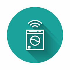 White line Smart washer system icon isolated with long shadow. Washing machine icon. Internet of things concept with wireless connection. Green circle button. Vector