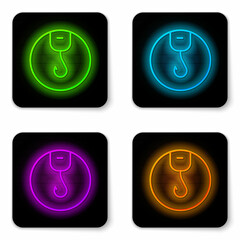 Glowing neon line Fishing hook icon isolated on white background. Fishing tackle. Black square button. Vector