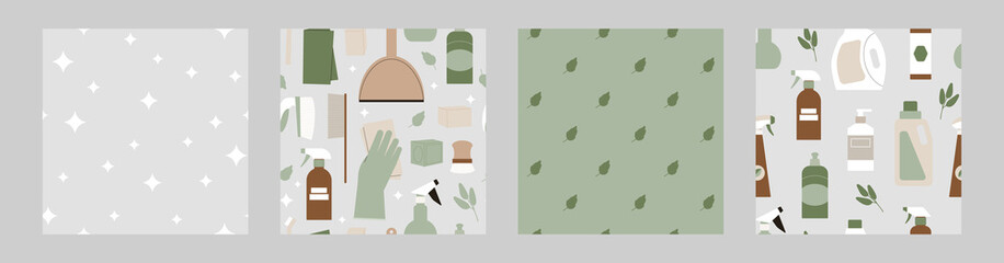Eco cleaning supplies seamless pattern collection. Hands in gloves, brush and organic detergent bottles. Flat illustration of zero waste housekeeping products for professional cleanup.