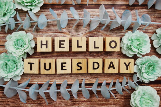 Hello Tuesday alphabet letter and flower decorate on wooden background