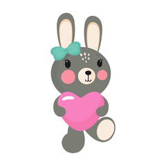 Cute Rabbit Cartoon with Pink Heart. For greeting card, posters, banners, children books, printing on the pack, printing on clothes, wallpaper, textile or dishes.
