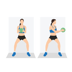 Fototapeta na wymiar Woman doing Medicine ball Wall sit rotation exercise. Flat vector illustration isolated on white background. workout character set